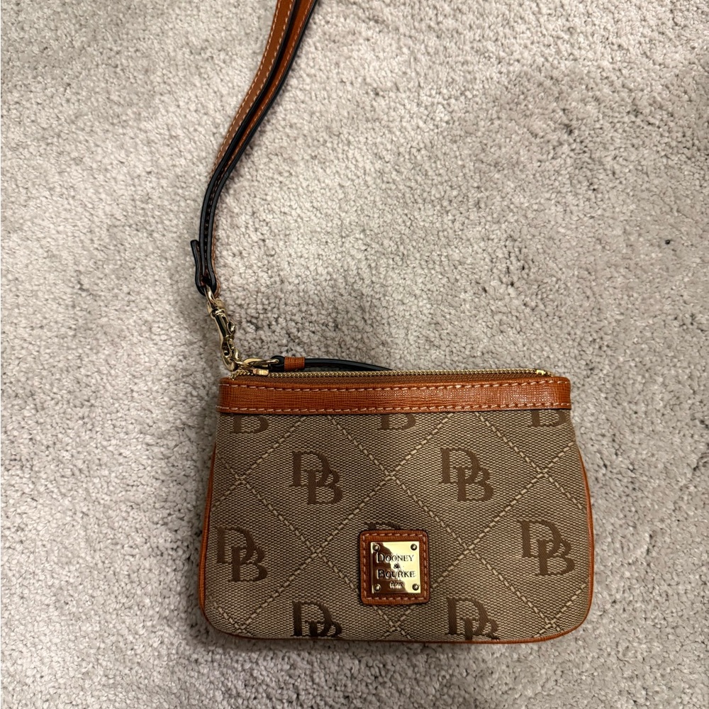 Dooney & Bourke Brown and Tan Logo Wristlet